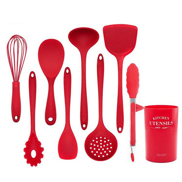 9PCS Cooking Tools Set Premium Silicone Kitchen Cooking Utensils Set with Storage Box Turner Tongs Spatula Soup Spoon Strainer
