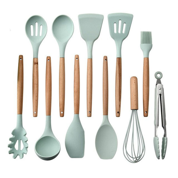 9pcs/11pcs Silicone Cooking Utensils Set Non-stick Spatula Shovel Wooden Handle Cooking Tools Set with Storage Box Kitchen Tools