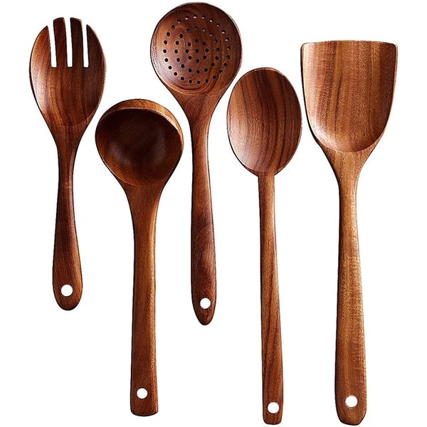Wooden Utensils Set for Kitchen, Handmade Natural Teak Cooking Spoons Wooden Spatula for Nonstick Cookware (5 Sets)