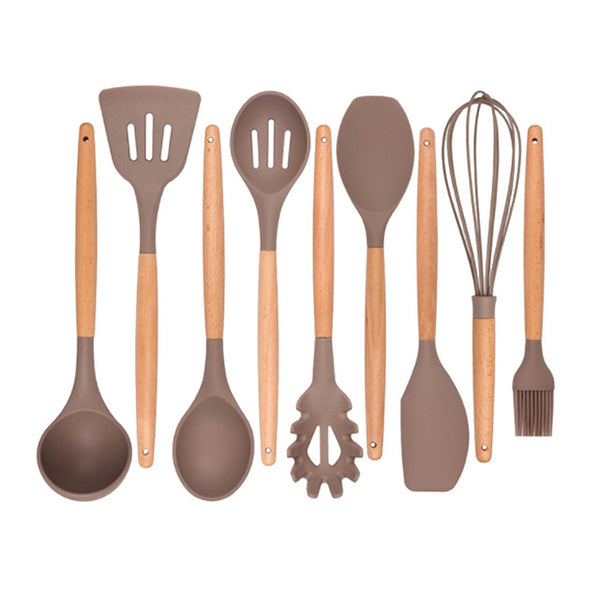 9Pcs Silicone Wooden Handle Kitchen Wares Set Non-stick Kitchen Utensils Cooking Tools