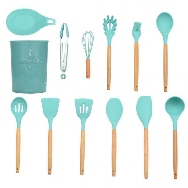 Silicone Cooking Utensils 9/11/12Pcs Kitchen Utensil Set Kitchen Tools Gray Non-stick Spatula Wooden Handle with Storage Box
