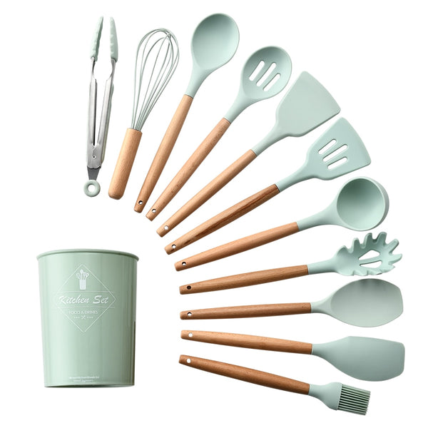 Kitchen Tools Silicone Cooking Utensils Pots Sets Non-stick Spatula Shovel Wooden Handle Cooking Tools Set Kitchen Accessories