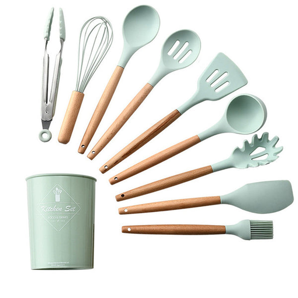 Kitchen Tools Silicone Cooking Utensils Pots Sets Non-stick Spatula Shovel Wooden Handle Cooking Tools Set Kitchen Accessories