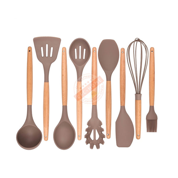 Premium Silicone Cooking Utensil Set 7&9 - Piece Home kitchen accessories Wood Cooking Utensils set for Nonstick Cookware